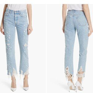 GRLFRND The Helena Burn Out Rigid Hi-Waist Button Fly Straight Leg Jeans Size 25